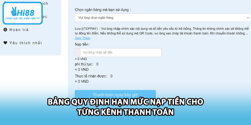 Bảng quy định hạn mức nạp tiền cho từng kênh thanh toán